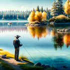 Tranquil lake with fishing person, dog, golden trees, and distant canoe