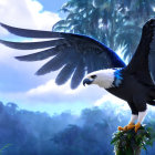 Majestic eagle in flight with blue and black background splashes