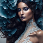 Dark-haired woman with striking makeup and lace collar among iridescent feathers.