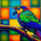 Colorful Macaw Perched on Branch Against Tiled Background