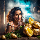 Curly-Haired Woman Smiling with Large Potatoes and Glowing Orange Slice