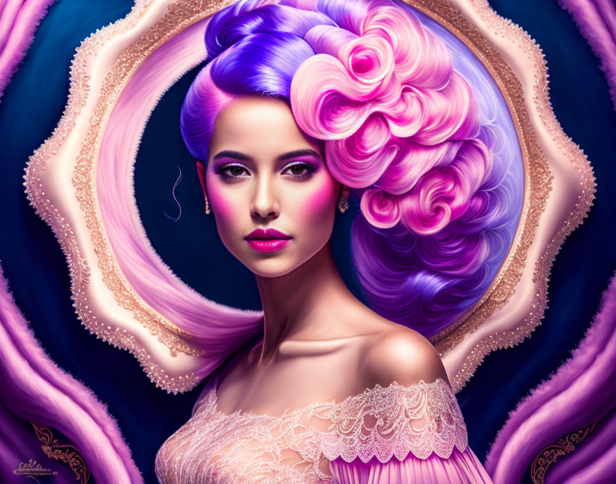 Detailed illustration of woman with purple and pink hair and lace dress on gold and blue backdrop