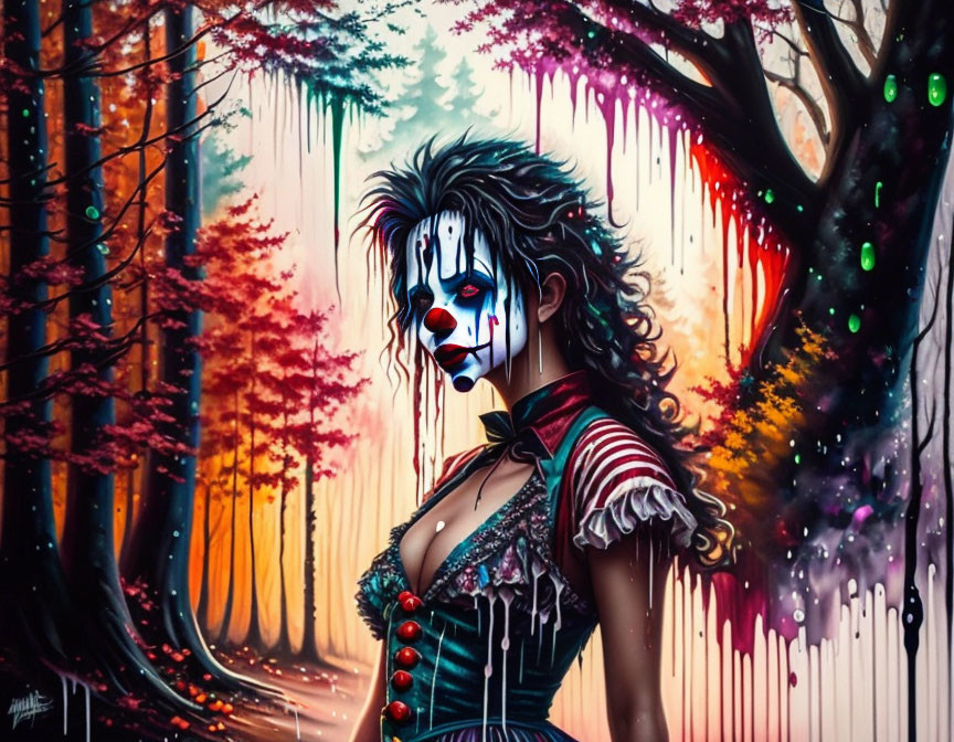 Vibrant clown-faced woman in colorful forest setting