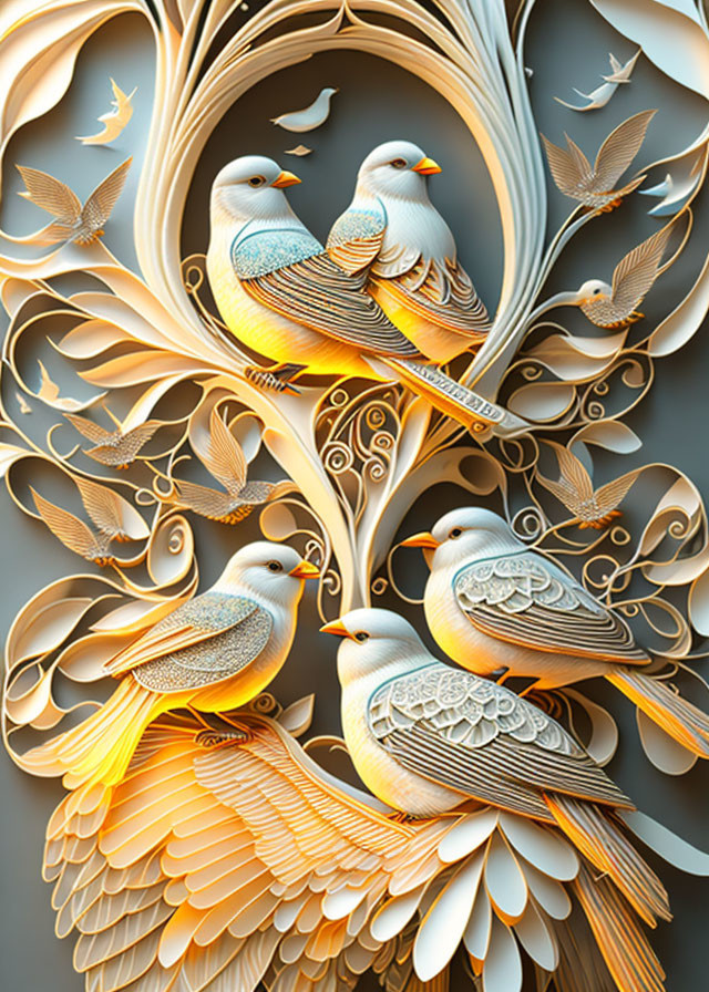 Detailed 3D paper art with birds in ornate tree shape