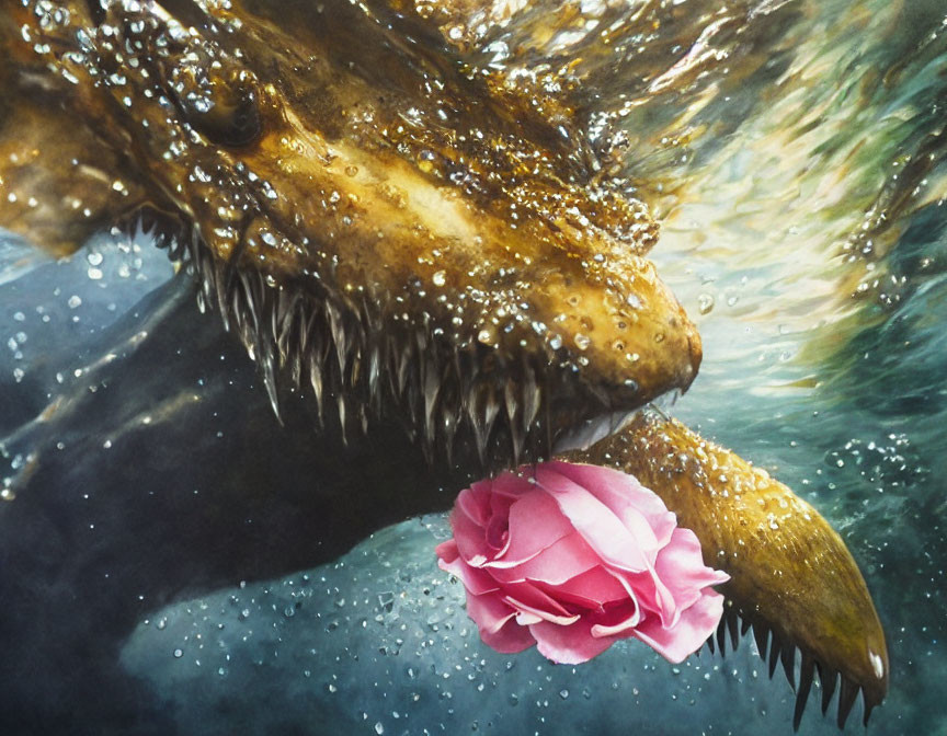 Detailed dinosaur illustration with sharp teeth near pink rose in watery backdrop.