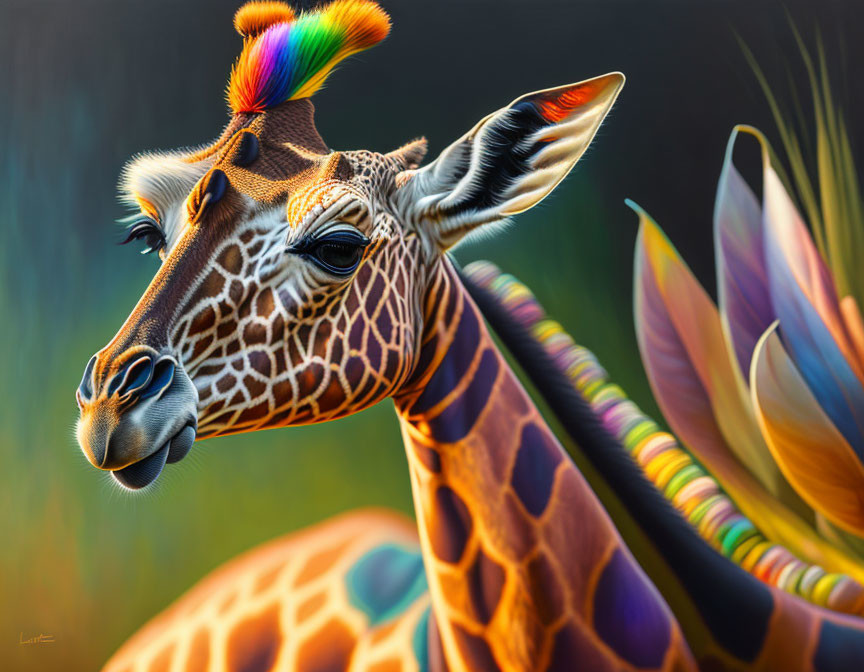 Vibrant giraffe art with rainbow mane and abstract patterns