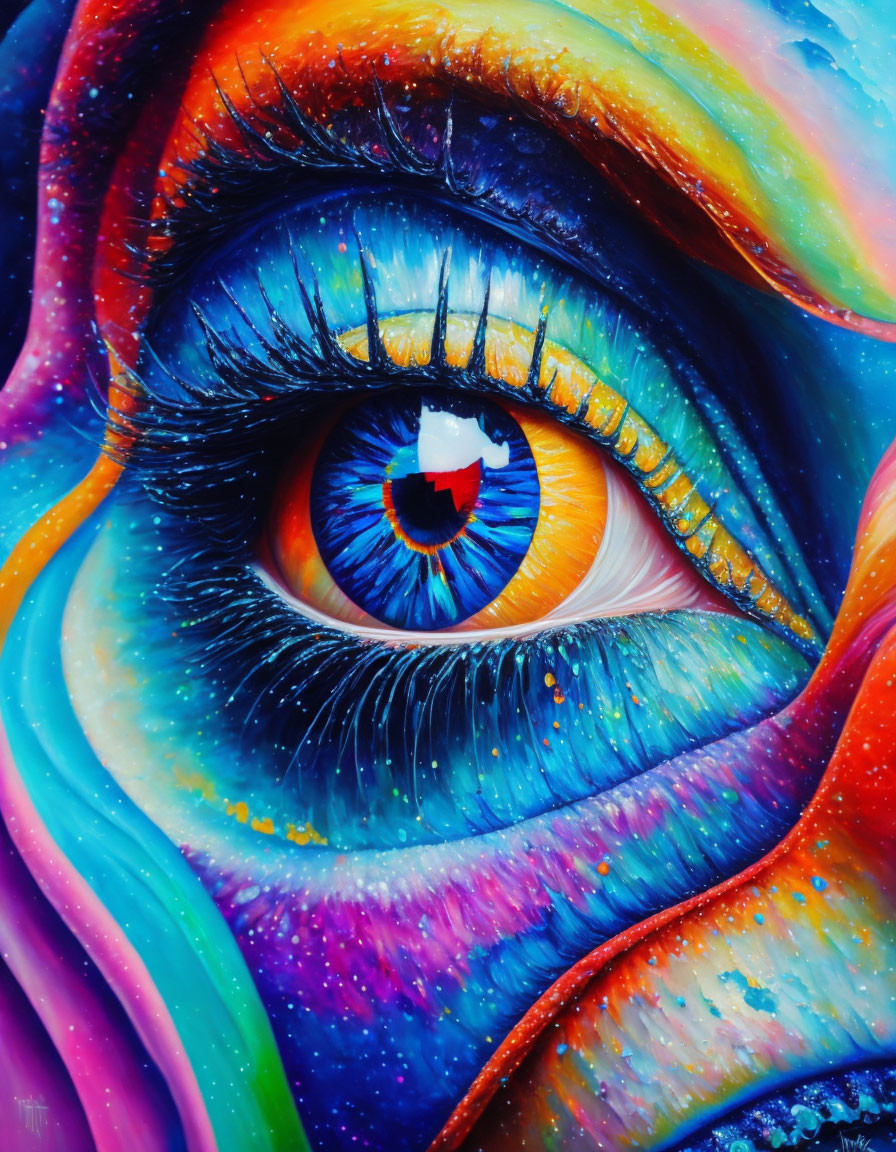 Colorful Human Eye Painting with Blue Iris and Rainbow Swirls