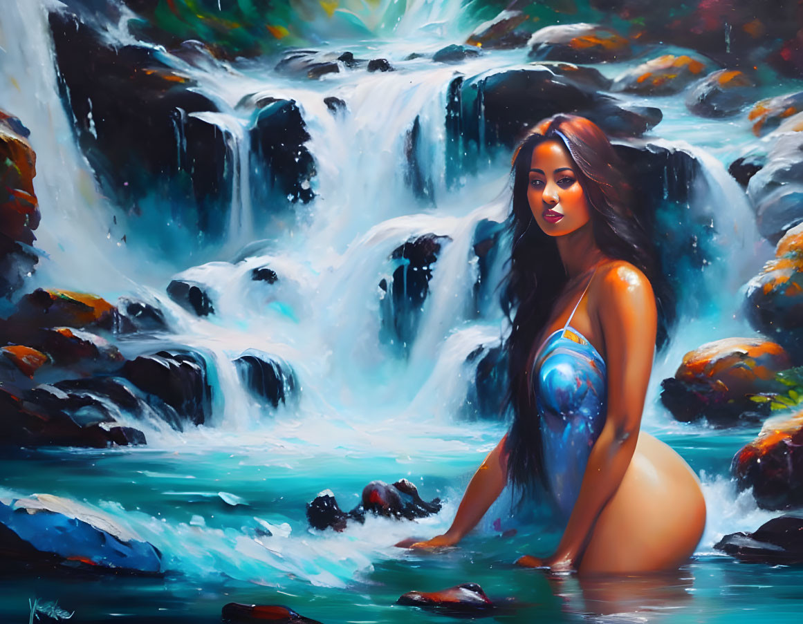 Woman in Blue Swimsuit Sitting by Waterfall Scenery
