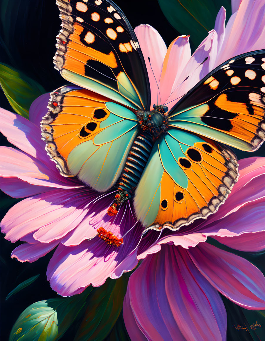 Colorful Butterfly Resting on Pink Flowers in Dark Background