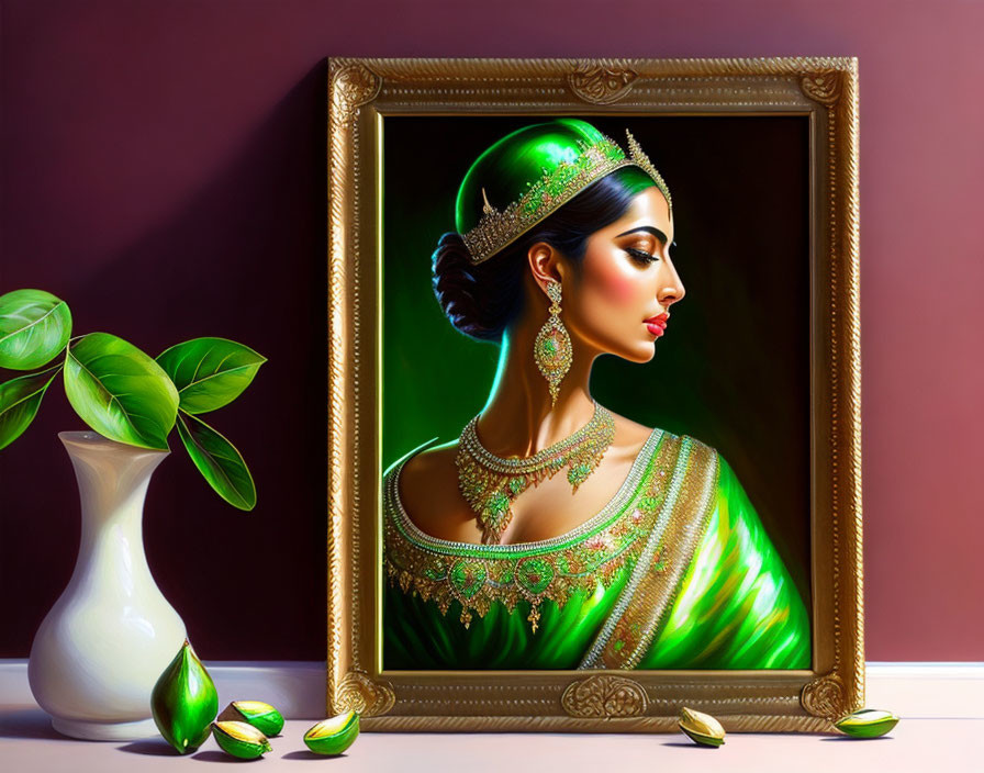 Traditional attire woman painting in golden frame on purple wall with vase
