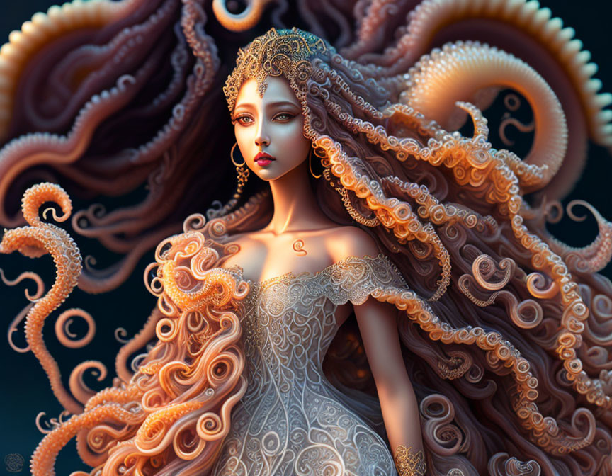 Elaborate tentacle-like hair woman in ornate attire on dark backdrop