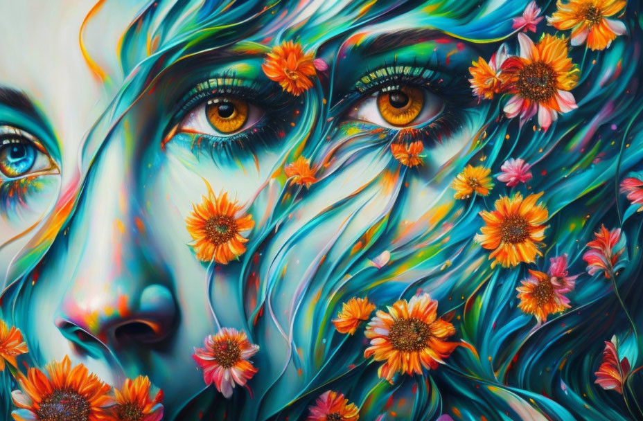 Colorful Floral Woman Portrait with Expressive Eyes