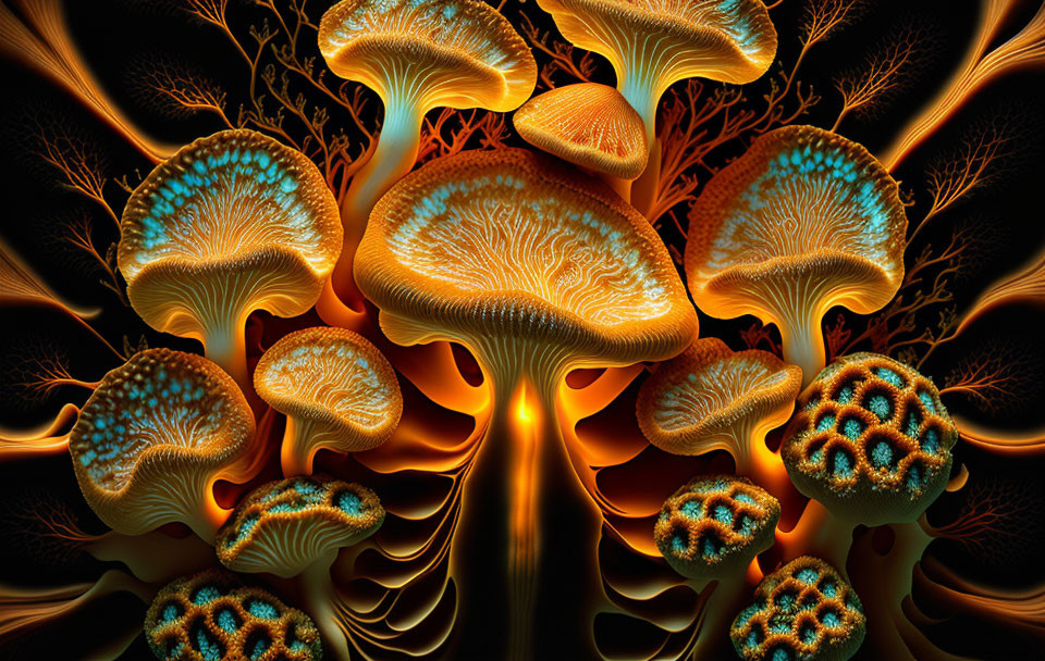 Colorful Fractal Mushrooms in Orange and Yellow Tones