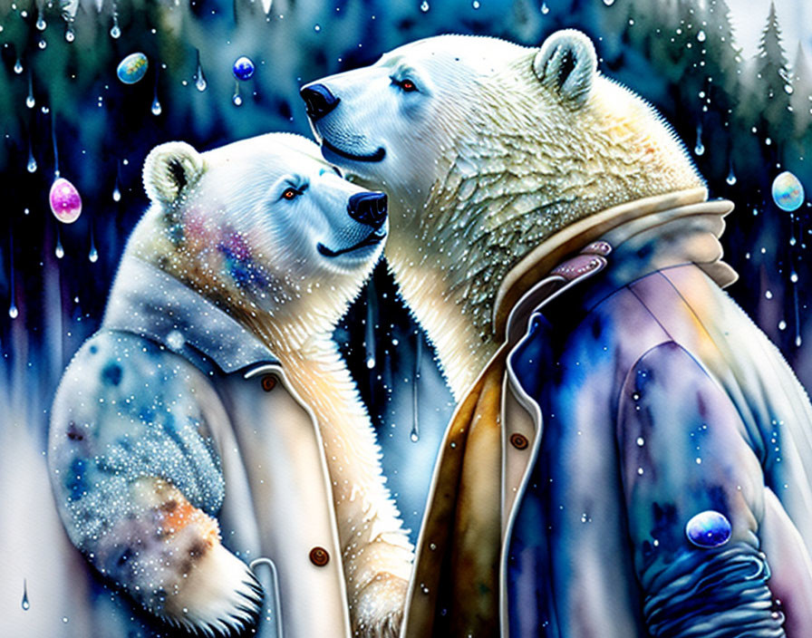 Illustration of two polar bears embracing in winter scene