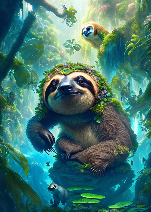 Illustration of sloth with flower crown in lush fantasy forest