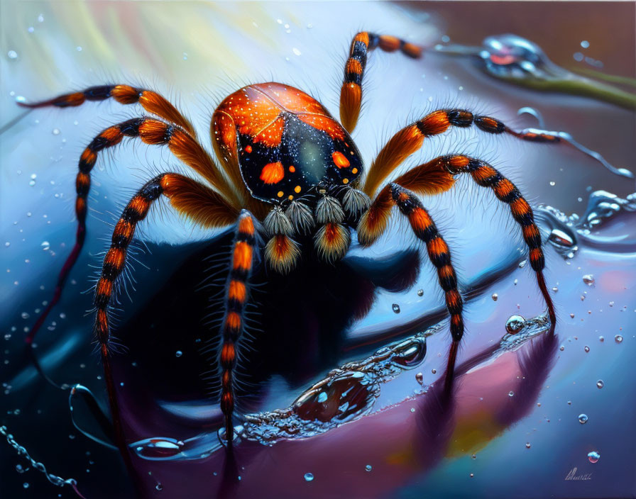 Vibrant digital painting of orange and black spider with hairy legs on water droplets surface