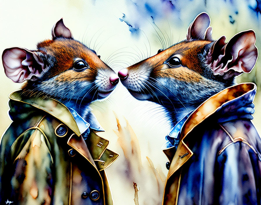 Illustrated mice in green and brown coats facing each other