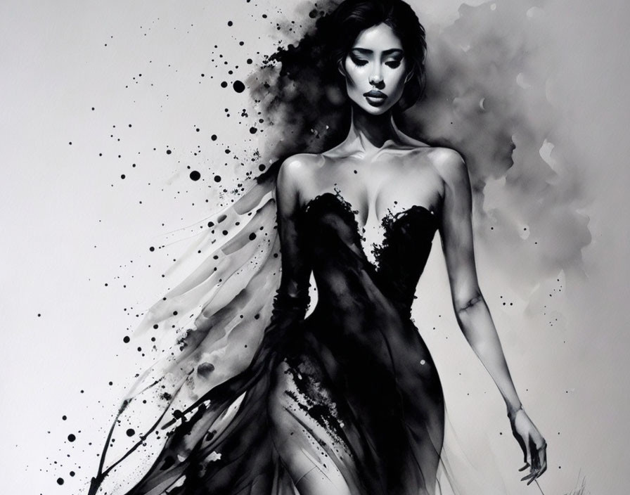 Monochromatic artwork featuring a woman in flowing dress with dynamic ink splatter effect.