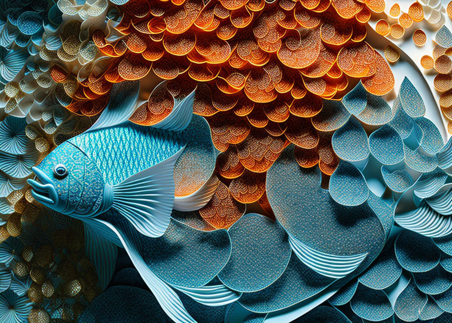 Colorful Paper Art: Blue Fish with Textured Orange and Blue Patterns