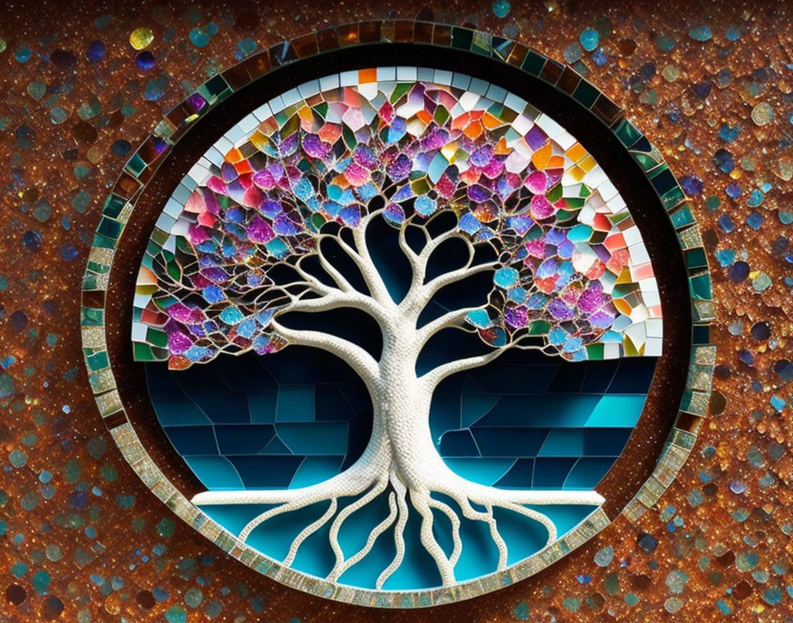 Vibrant mosaic artwork of stylized tree with multicolored leaves