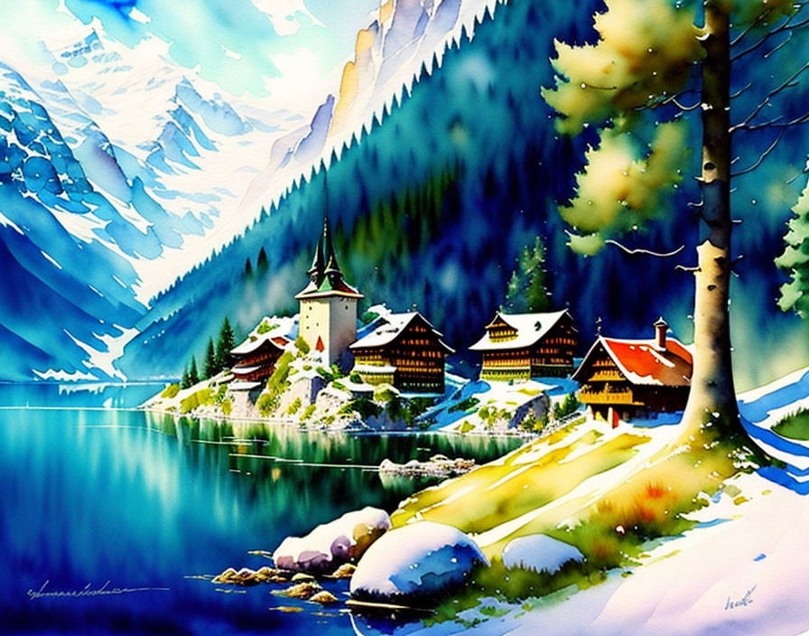 Scenic Watercolor Painting of Lakeside Village & Mountains
