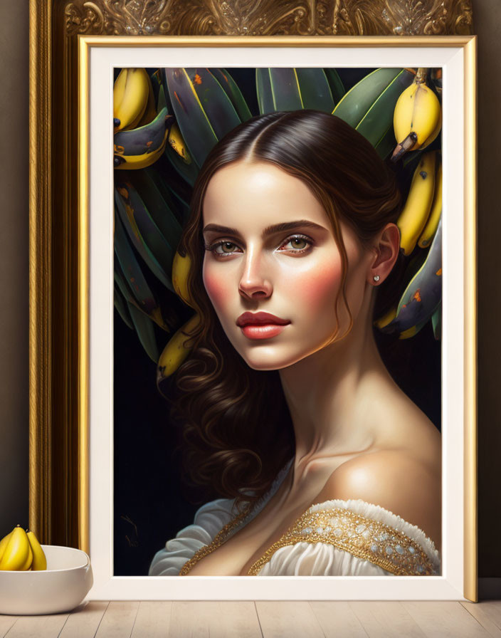 Portrait of woman with dark hair and fair skin surrounded by yellow bananas and wearing off-shoulder top