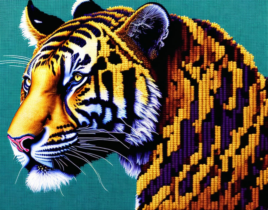 Colorful Pixelated Tiger Mosaic on Teal Background