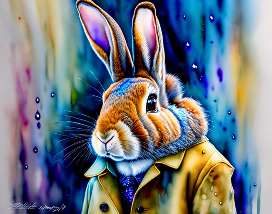 Vibrant illustration of rabbit in yellow jacket and tie on rainy background