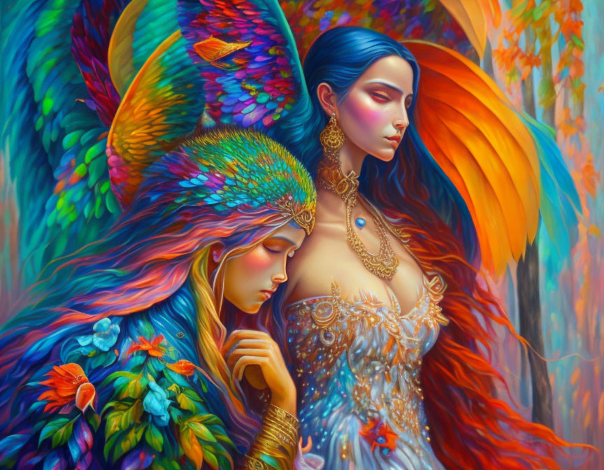 Two women with vibrant feathered wings in a colorful forest scene.