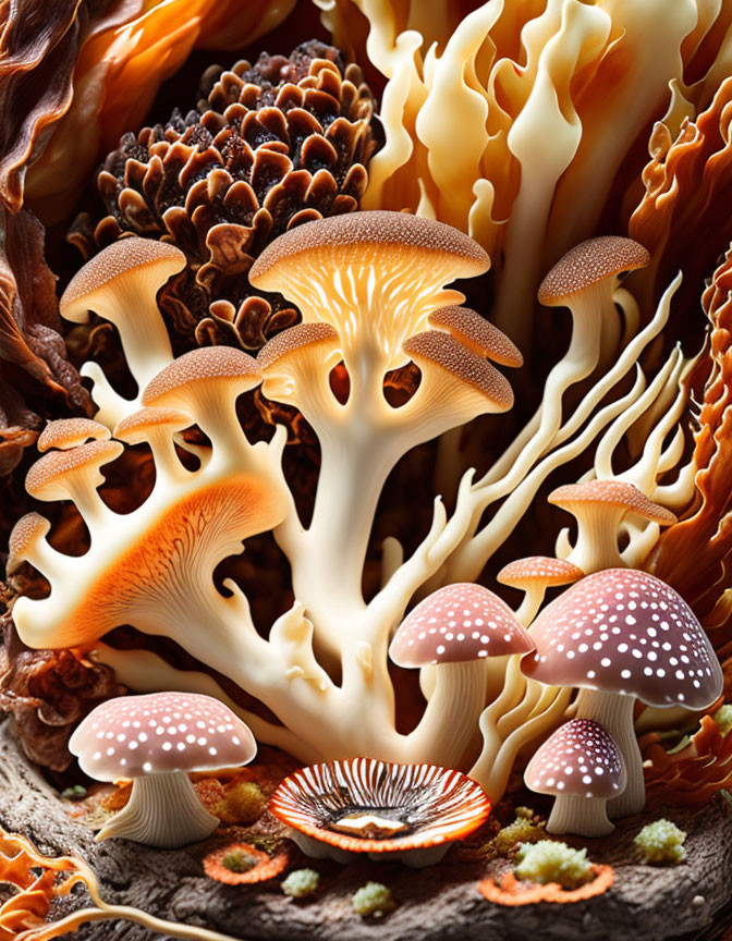 Assorted mushrooms with intricate gills and dotted caps in rich fungal backdrop