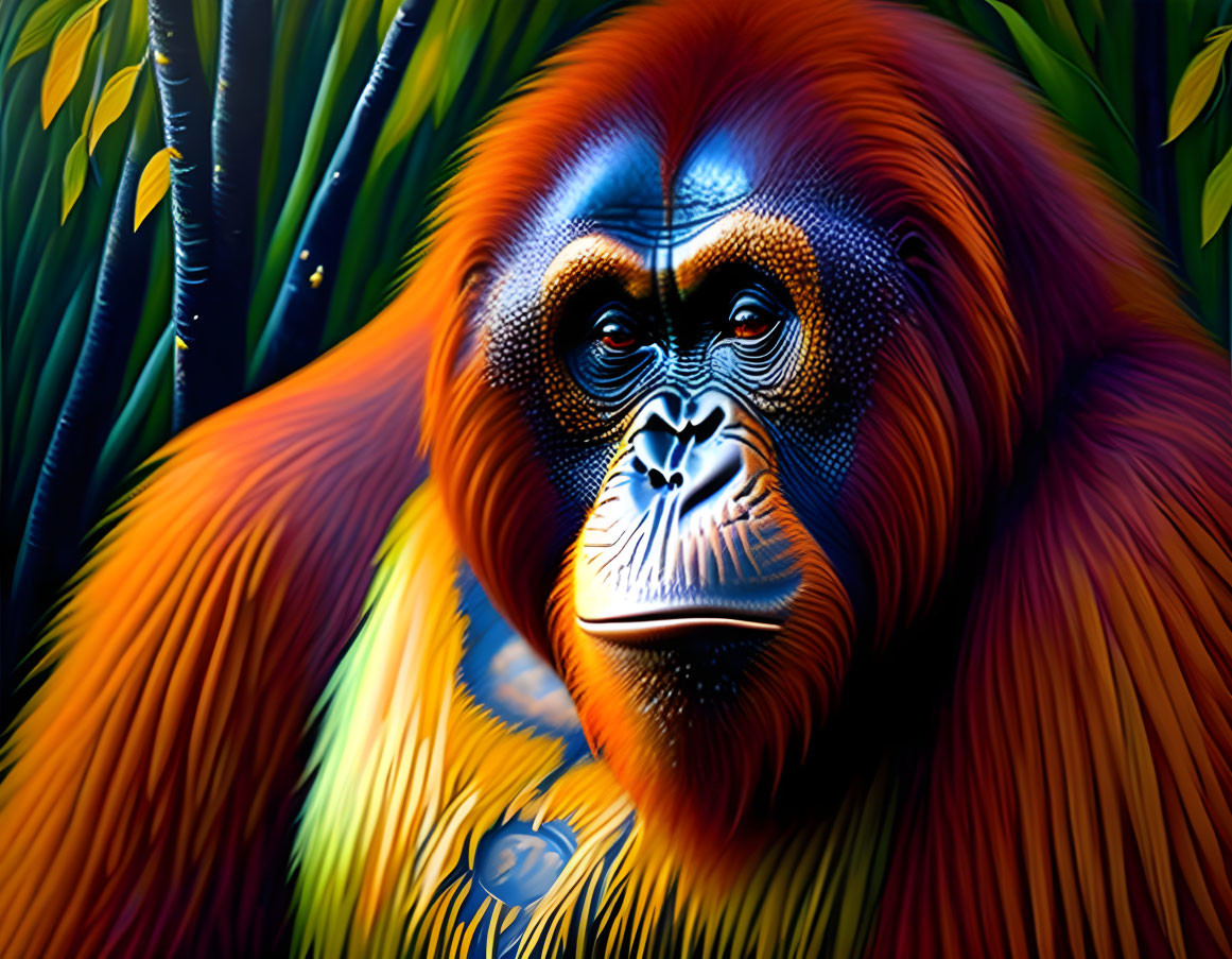 Colorful digital artwork featuring an orangutan in lush greenery