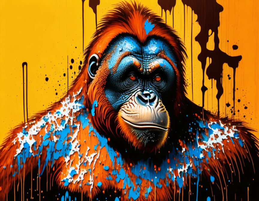 Colorful graffiti-style artwork of an orangutan with blue and orange tones on yellow background.