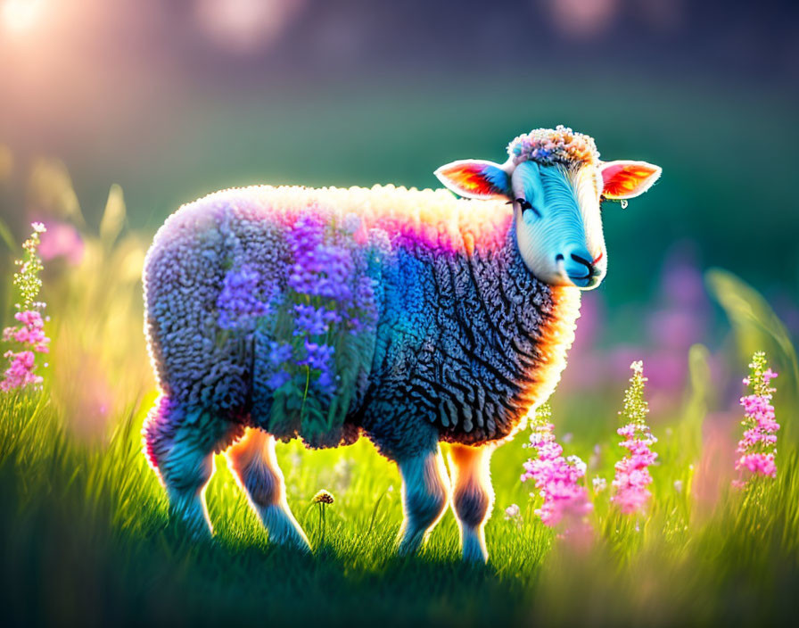 Vibrant sheep in flower field with warm glow