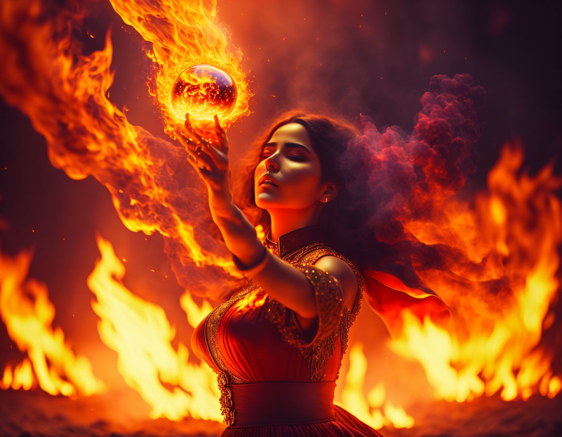 Woman in red dress holding glowing orb in flames with mystical expression.