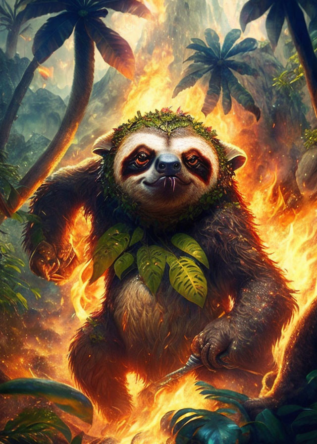 Sloth with moss and leaves in jungle scene with subtle flames