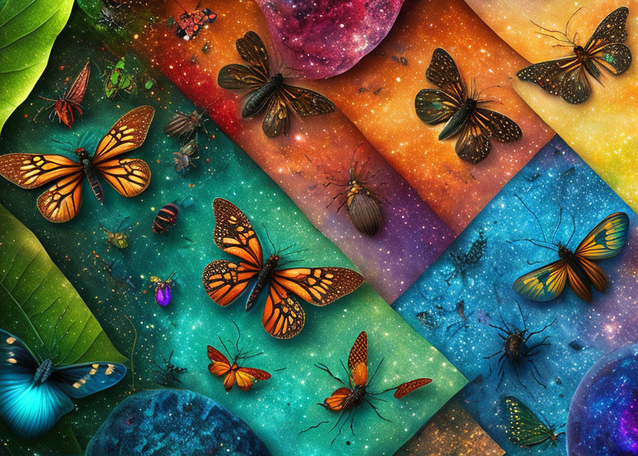 Colorful Butterfly Collage on Cosmic and Nature Backgrounds