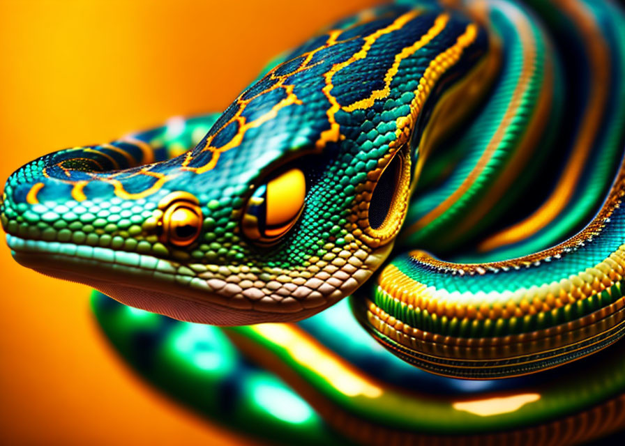 Colorful snake with intricate patterns on orange background