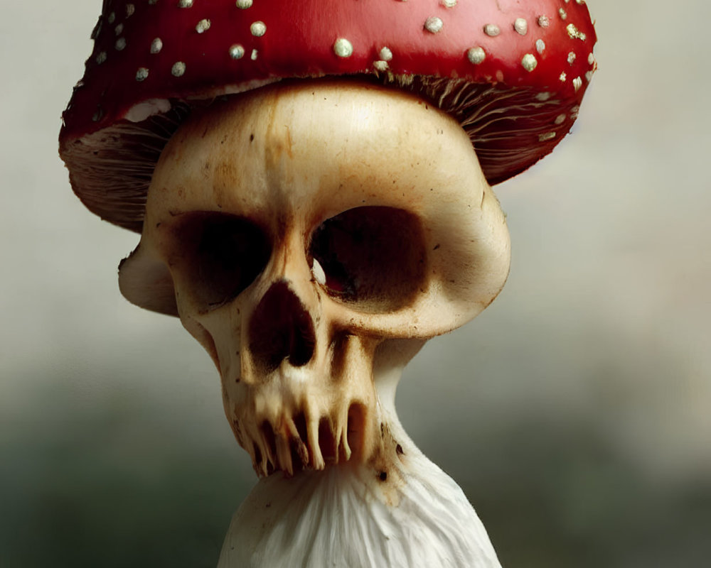 Surreal illustration: Skull with red & white mushroom cap
