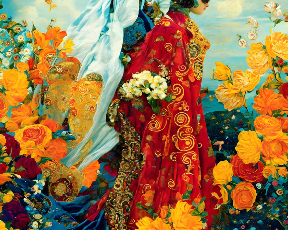 Colorful Artwork of Elegantly Dressed Figures Among Vibrant Flowers