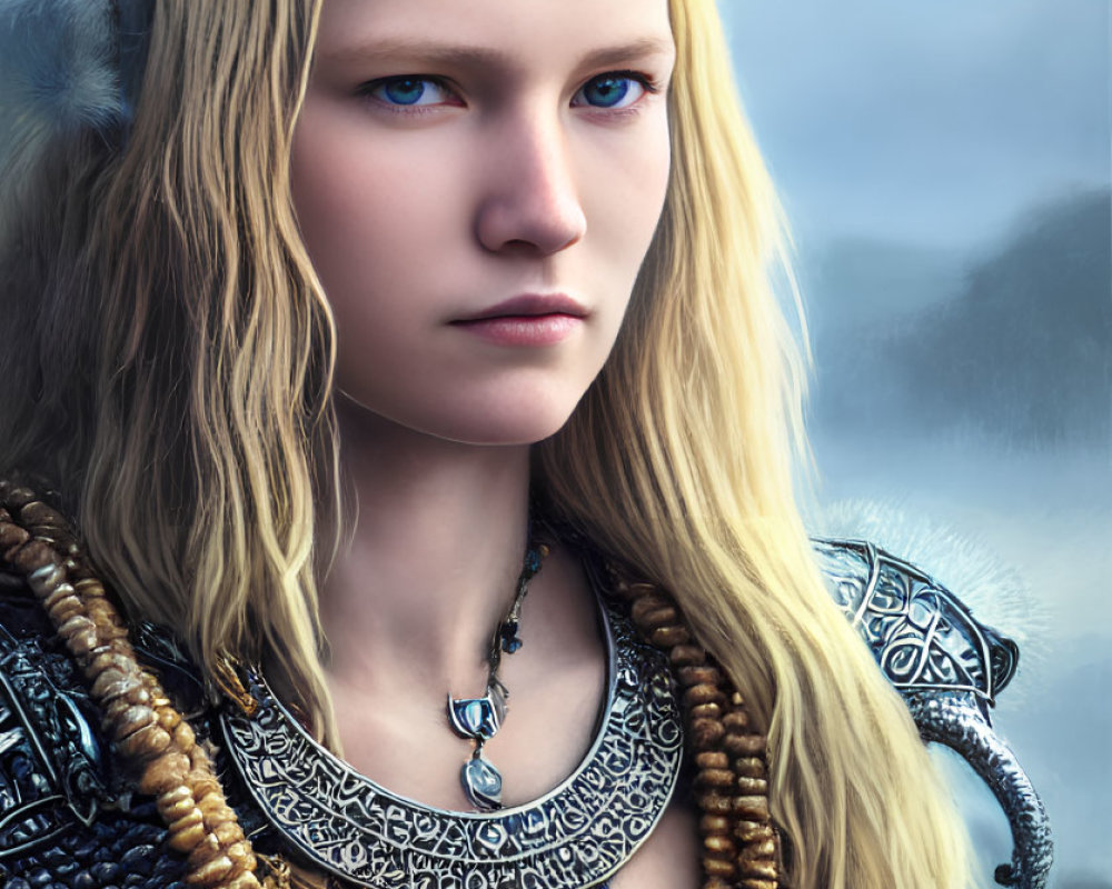 Blonde Woman in Viking Helm with Intricate Jewelry