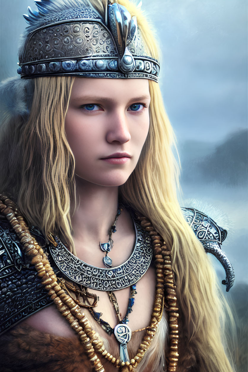 Blonde Woman in Viking Helm with Intricate Jewelry