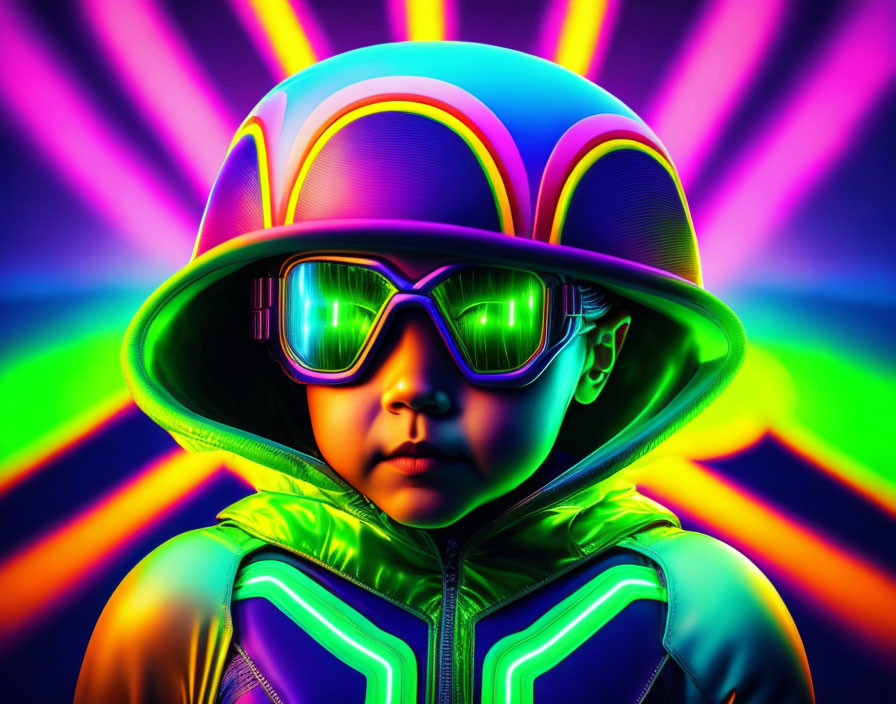 Colorful futuristic outfit child with neon-lit visor and helmet in vibrant light backdrop