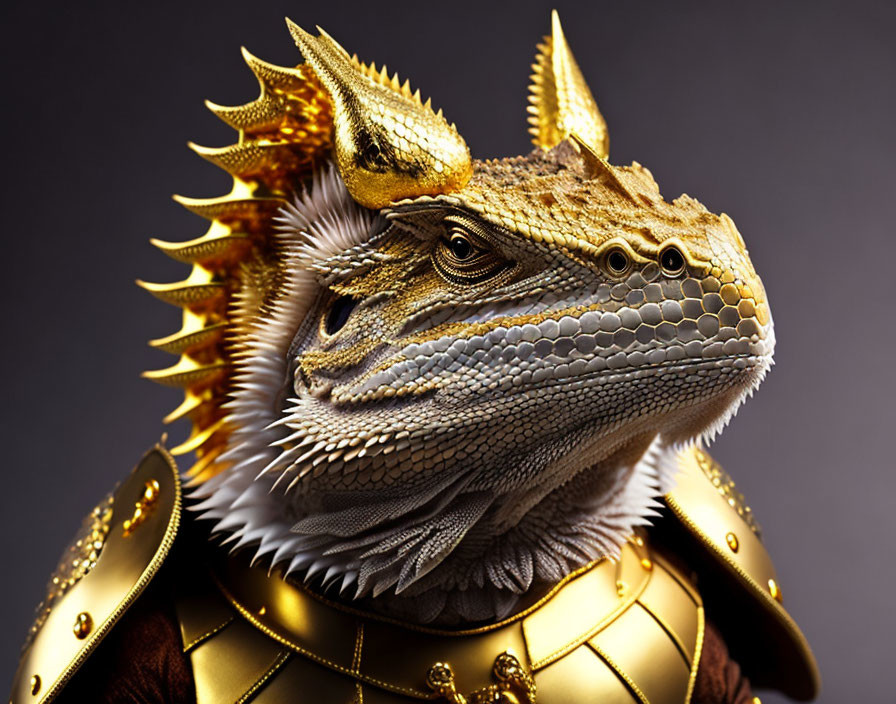 Bearded Dragon in Golden Dragon Armor on Dark Background