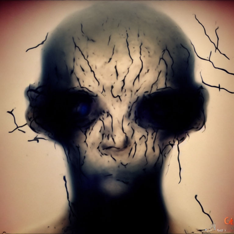 Eerie alien face with prominent eyes and cranial veins on shadowy background
