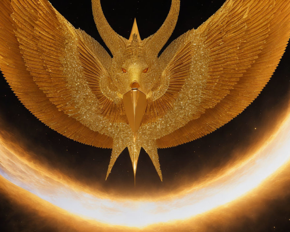 Golden-winged creature with elongated body in cosmic setting