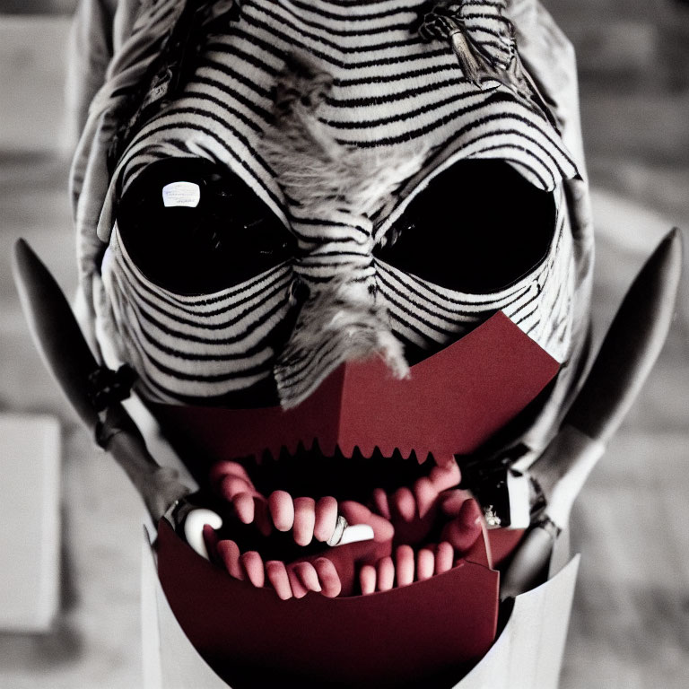 Detailed Striped Pattern Mask with Bulging Eyes, Sharp Teeth, and Knives