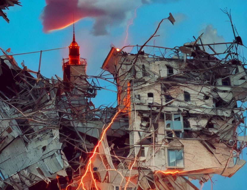 Abandoned building ruins with exposed wires and red signal light, lightning in dusk sky