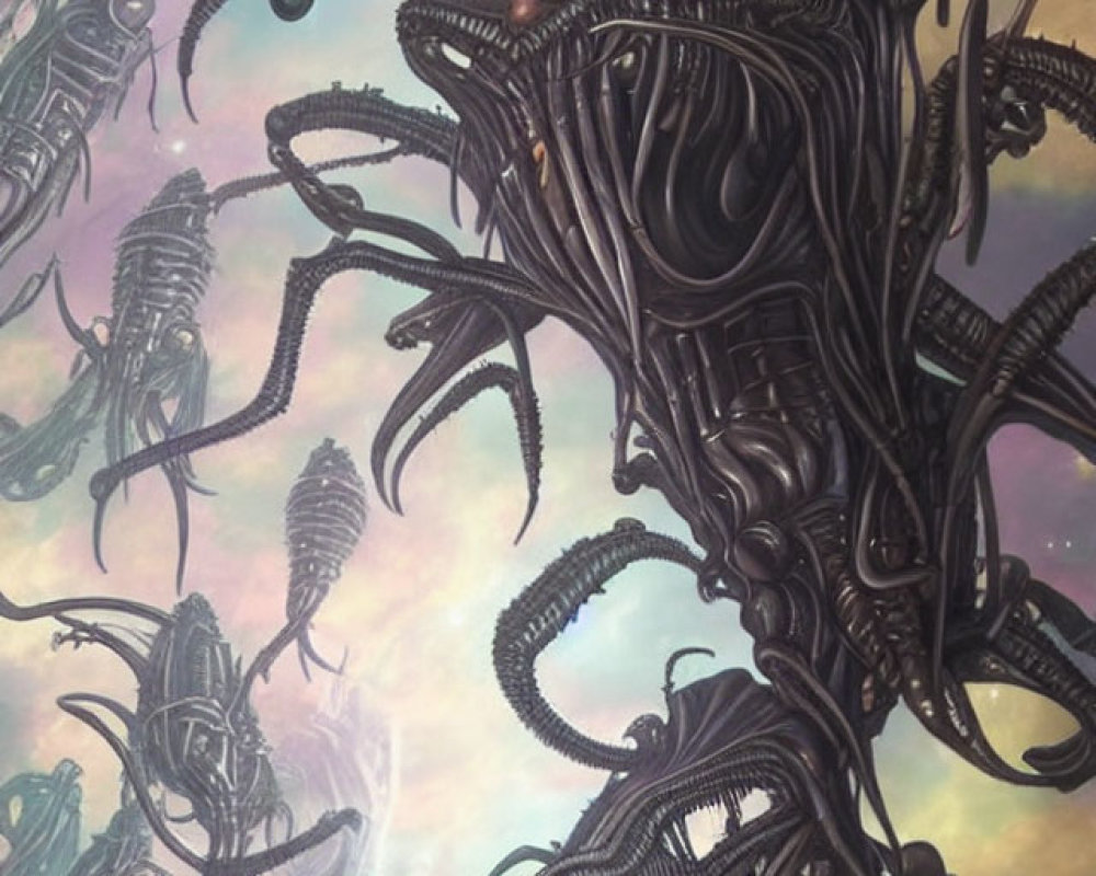 Intricate Sci-Fi Scene with Biomechanical Entities and Alien Creatures