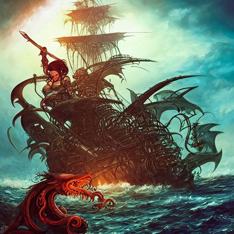 Fantastical sea battle with pirate ship, sea monster, and fierce female warrior