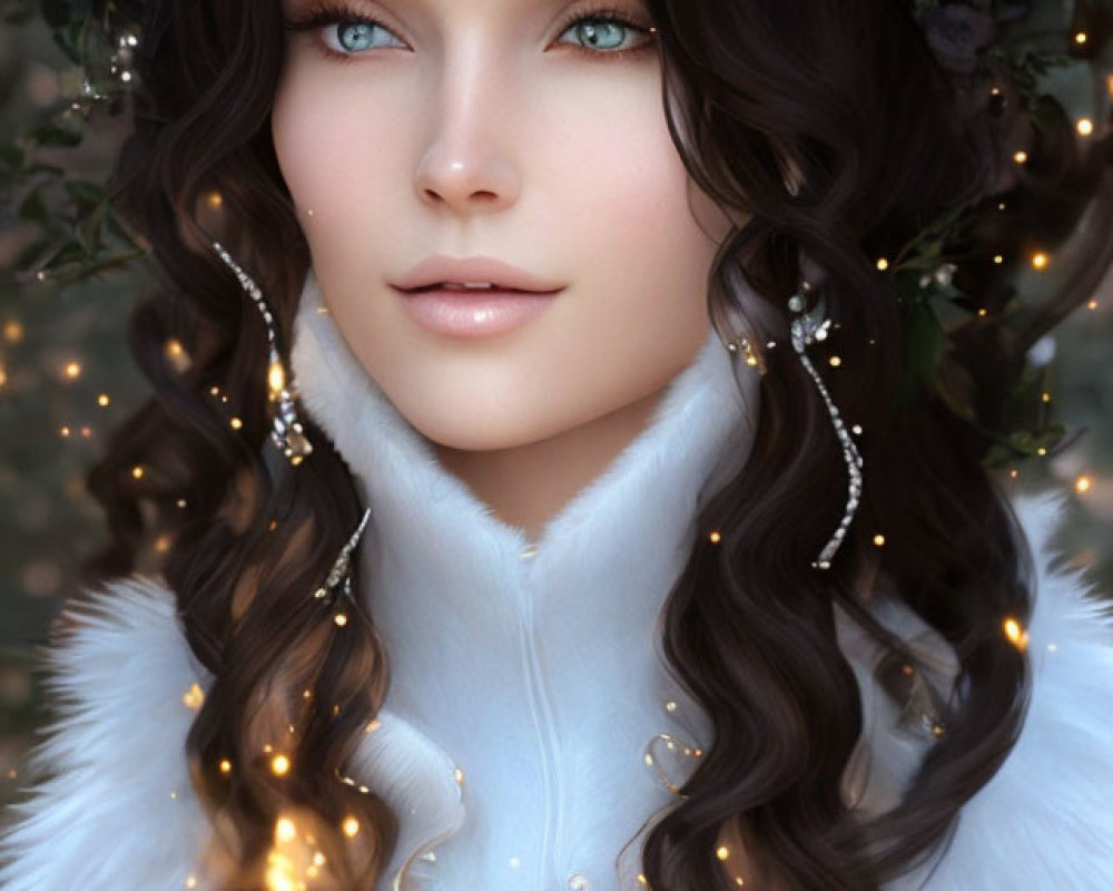Fantasy portrait of a woman with blue eyes, floral crown, jewelry, and fur garment